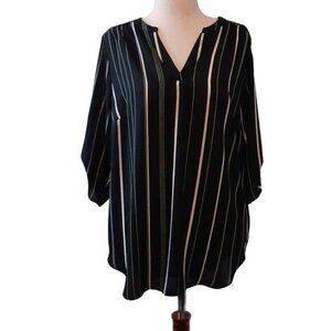 Worthington Black V-neck Blouse‎ with White Stripes Long 3/4 Sleeves Size 0X